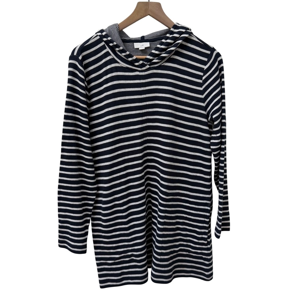 J. Jill Tunic Small Navy‎ White Striped Hooded Cotton Pockets Cover Up Knit